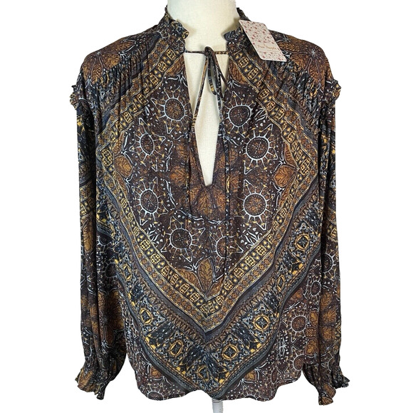 Free People Little Runaway Geometric Print Boho Peasant Top Blouse Size XS Brown - Picture 1 of 12